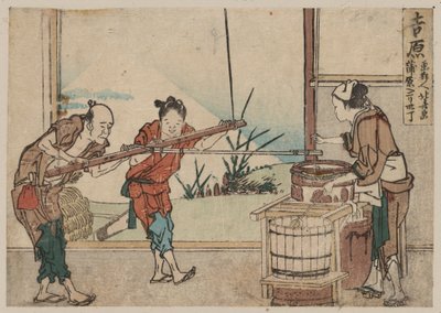 Un uomo anziano e due giovani apprendisti che operano manualmente un dispositivo di agitazione, Yoshiwara da Katsushika Hokusai