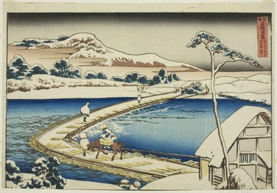 Vista Antica del Ponte di Pontoni a Sano nella Provincia di Kozuke (Kozuke Sano funabashi no kozu), dalla serie "Vedute Insolite di Ponti Famosi in Varie Province (Shokoku meikyo kiran)" da Katsushika Hokusai