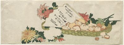 Cesto con Ventaglio, Crisantemi e Funghi da Katsushika Hokusai