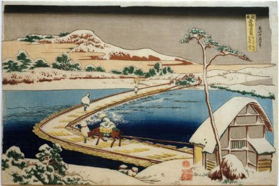 Vista sul vecchio ponte di barche presso Sano nella provincia di Kōzuke da Katsushika Hokusai