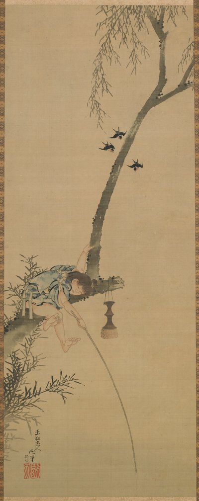 Ragazzo che pesca dal ramo di un albero da Katsushika Hokusai