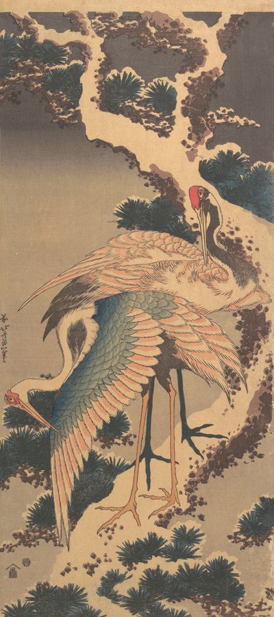 Gru su ramo di pino coperto di neve da Katsushika Hokusai