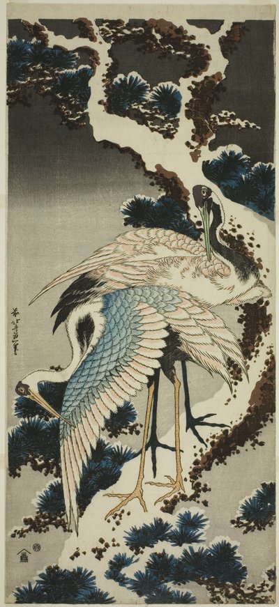Gru su pino coperto di neve da Katsushika Hokusai