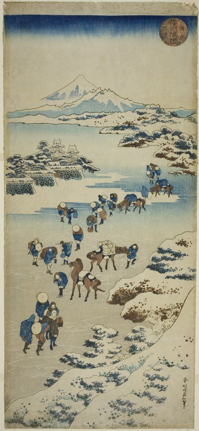 Attraversamento del lago Suwa ghiacciato nella provincia di Shinano (Shinshu Suwa kosui kori watari) da Katsushika Hokusai