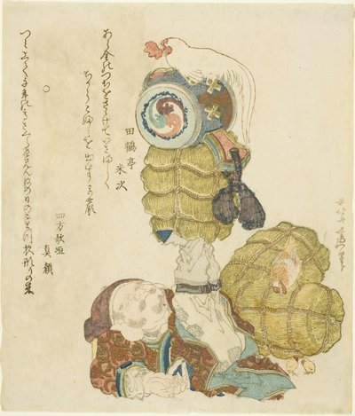 Daikoku che bilancia balle di riso, martello e gallo sui piedi da Katsushika Hokusai