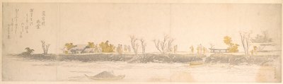 Figure che passeggiano su un promontorio; acqua e barche in primo piano da Katsushika Hokusai