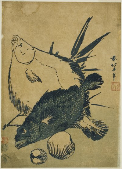 Pesce piatto, scorfano e conchiglie, da una serie senza titolo di stampe chuban da Katsushika Hokusai