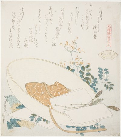 Fiori appena raccolti in un cappello da viaggiatore, illustrazione per The Thousand-grasses Shell (Chigusagai), dalla serie "A Matching Game with Genroku-period Poem Shells (Genroku kasen kai awase)" da Katsushika Hokusai