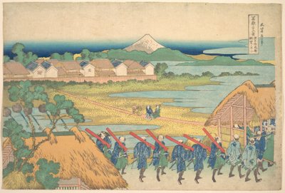Il Monte Fuji visto in lontananza dal quartiere dei divertimenti di Senju (Senju kagai yori chōbō no Fuji), dalla serie “Le trentasei vedute del Monte Fuji” (Fugaku sanjūrokkei) da Katsushika Hokusai