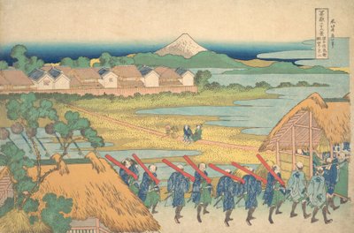 Il Fuji visto in lontananza dal quartiere del piacere di Senju, ca. 1830-32 da Katsushika Hokusai