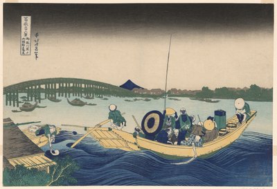 Fuji da Ommayagashi con crepuscolo sul ponte Ryogoku (Ommayagashi yori ryogokubashi sekiyo o miru), dalla serie "Trentasei vedute del Monte Fuji (Fugaku sanjurokkei)" da Katsushika Hokusai