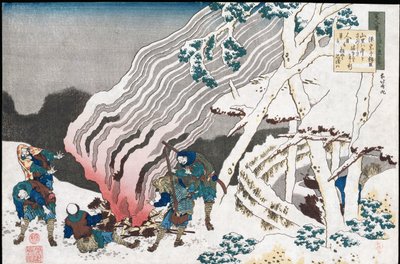 Cacciatori vicino a un fuoco nella neve, dalla serie "Cento poesie raccontate dalla balia", pubblicato c.1835 da Katsushika Hokusai