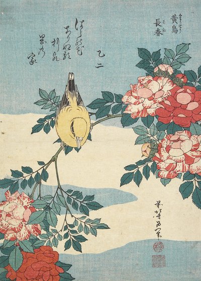 Usignolo Giapponese e Ramo di Rose, c. 1832 da Katsushika Hokusai