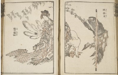 Donna giapponese, una volpe bianca con 9 code e una scimmia (stampa a blocchi di legno) da Katsushika Hokusai