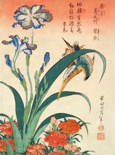 Martin Pescatore, Iris e Garofani, pub. da Nishimura Eijudo, c.1832, uno di una serie di dieci stampe da Katsushika Hokusai