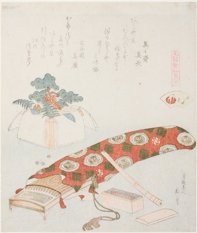 Koto e offerta di Capodanno, illustrazione per La conchiglia della spiaggia di Akoya (Akoyagai), dalla serie, Un gioco di abbinamento con conchiglie di poesie del periodo Genroku da Katsushika Hokusai