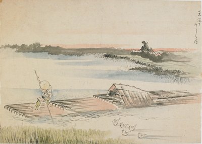 Paesaggio: barcaiolo che spinge la sua zattera da Katsushika Hokusai