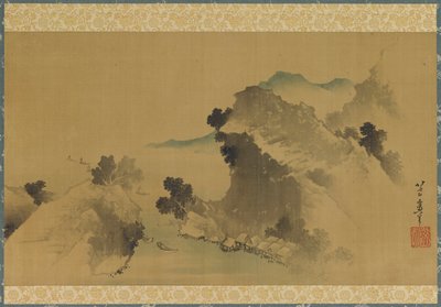 Paesaggio: montagne, torrente e barche da Katsushika Hokusai
