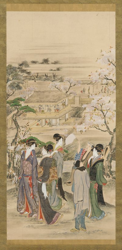Paesaggio: gruppi di uomini e donne che guardano i fiori di ciliegio da Katsushika Hokusai