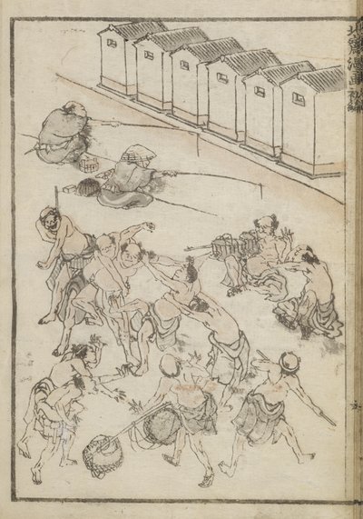 Uomini che lottano e pescano (stampa a blocchi di legno) da Katsushika Hokusai
