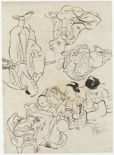 Figure varie: piaceri estivi, figure sedute sulla veranda e (in basso) Samurai, periodo Edo da Katsushika Hokusai
