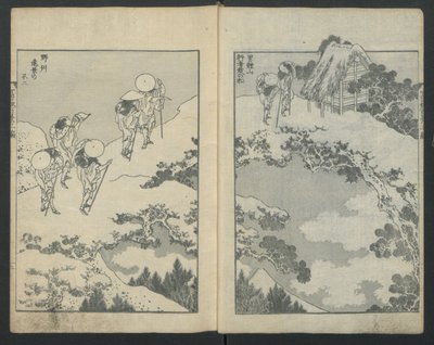 Monte Fuji sotto un ponte a sinistra, Monte Fuji dietro una rete a destra, da Cento Vedute da Katsushika Hokusai