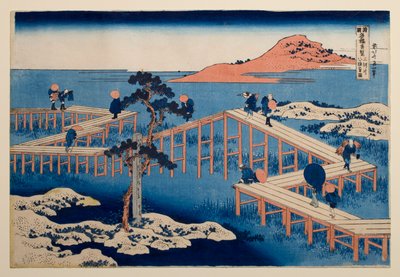 Antica veduta del ponte a otto campate di Yatsuhashi, nella provincia di Mikawa, tratta dalla serie “Vedute notevoli di ponti in varie province” da Katsushika Hokusai