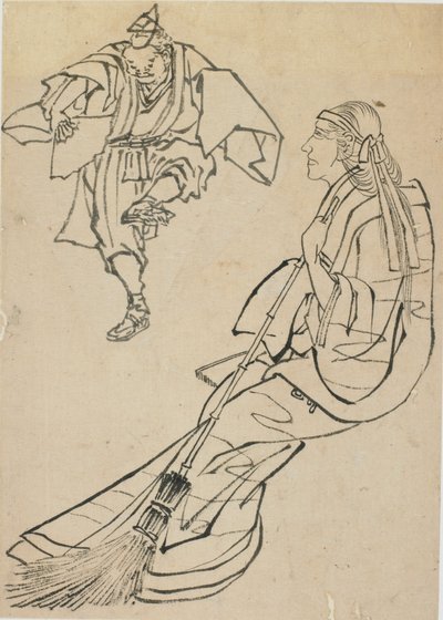 Vecchia donna seduta su una panchina davanti alla quale un uomo con un ventaglio danza da Katsushika Hokusai