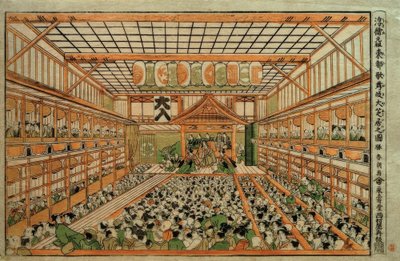 Prospettiva originale del Grande Teatro Kabuki a Edo da Katsushika Hokusai