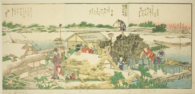 Pagine dal libro illustrato "Vedute panoramiche lungo le rive del fiume Sumida (Ehon Sumidagawa ryogan ichiran)" da Katsushika Hokusai