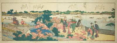 Pagine dal libro illustrato "Vedute panoramiche lungo le rive del fiume Sumida (Ehon Sumidagawa ryogan ichiran)" da Katsushika Hokusai