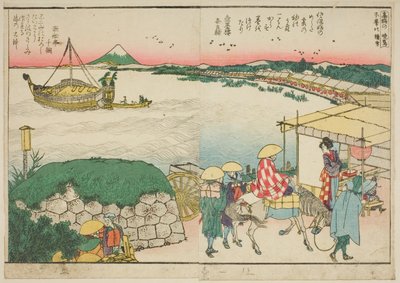 Pagine dal libro illustrato "Vedute panoramiche lungo le rive del fiume Sumida (Ehon Sumidagawa ryogan ichiran)" da Katsushika Hokusai