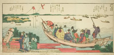 Pagine dal libro illustrato "Vedute panoramiche lungo le rive del fiume Sumida (Ehon Sumidagawa ryogan ichiran)" da Katsushika Hokusai
