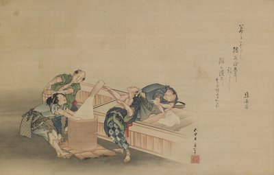 Pestare il riso per Mochi, con iscrizione di Momomoto Hinamaro, periodo Edo, c.1822 (inchiostro e colore su seta montata come rotolo appeso) da Katsushika Hokusai