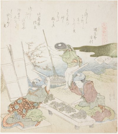 Riciclaggio della Carta, illustrazione per Il Blocco di Piena (Kinuta gai), dalla serie "Un Gioco di Abbinamento con Conchiglie di Poesie del Periodo Genroku (Genroku kasen kai awase)" da Katsushika Hokusai