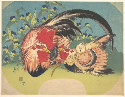 Gallo, gallina e pulcino con erba ragno da Katsushika Hokusai