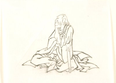 Anziano seduto, appoggiato a un bastone da Katsushika Hokusai