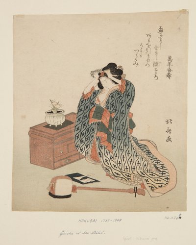 Suonatrice di shamisen che si sistema i capelli da Katsushika Hokusai