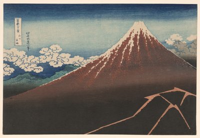 Pioggia sotto la vetta (Sanka hakuu), dalla serie "Trentasei vedute del Monte Fuji (Fugaku sanjurokkei)" da Katsushika Hokusai
