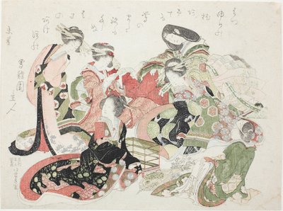 Sei Donne Sedute Attorno a una Gabbia per Uccelli da Katsushika Hokusai