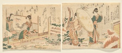 Mattina nevosa: Due donne camminano in un giardino coperto di neve con un ombrello; L: Giovane donna suona il koto e guarda sua madre da Katsushika Hokusai