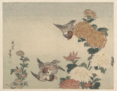 Passeri e crisantemi da Katsushika Hokusai