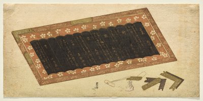 Natura morta di un pannello laccato con poesie da Katsushika Hokusai