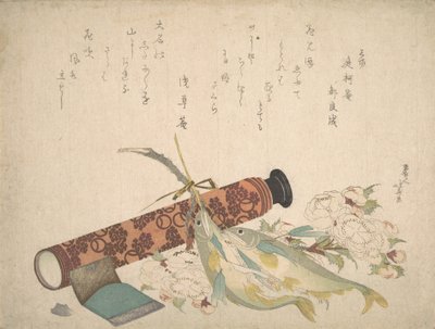 Natura morta: ramo di ciliegio doppio, telescopio, pesce dolce e custodia per tessuti da Katsushika Hokusai