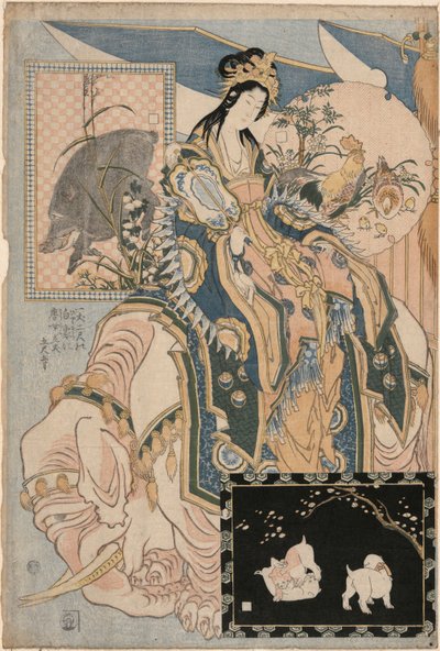 Signora Tang su un elefante bianco, da un set pubblicitario per Giant Straw Works in una fiera da Katsushika Hokusai