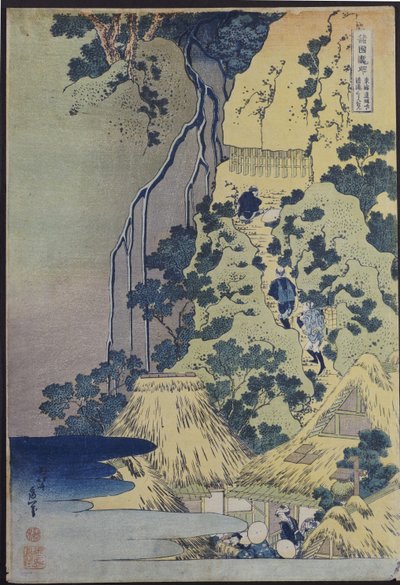 Viaggiatori che salgono una ripida collina per rendere omaggio a un santuario di Kannon in una grotta vicino alla cascata da Katsushika Hokusai