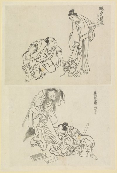 Due scene teatrali, una con un uomo e una donna e una con un uomo e una donna volpe da Katsushika Hokusai