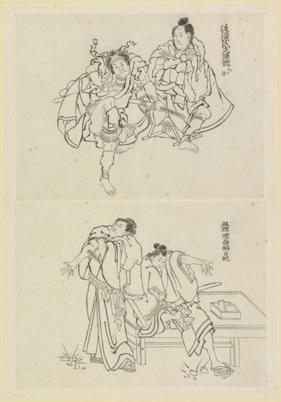Due scene teatrali, una con due samurai e una con due figure a un tavolo da Katsushika Hokusai