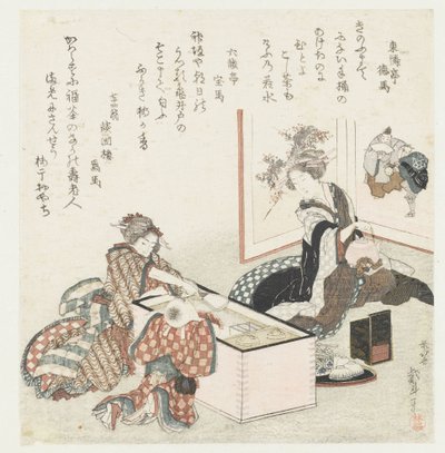 Due donne e un bambino vicino a un braciere da Katsushika Hokusai