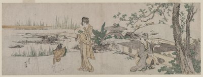 Due donne e un bambino accanto a un acquario di pesci rossi, c. 1800 da Katsushika Hokusai